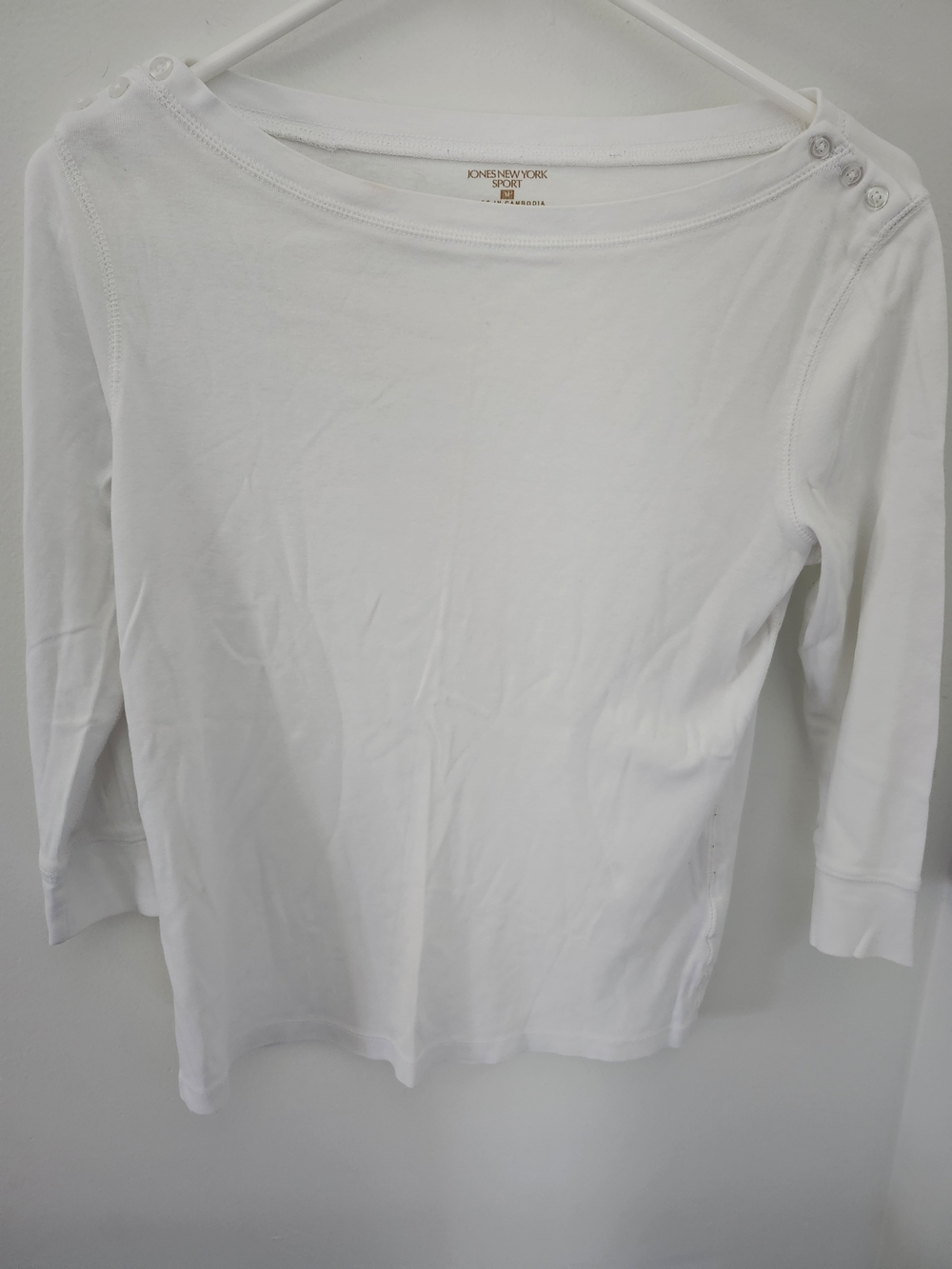 Jones New York White Boatneck Long-Sleeve Top with Shoulder Buttons